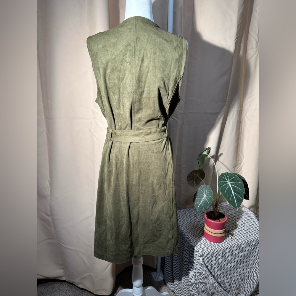 Chico's Olive Green Faux Suede Belted Longline Duster Vest - Size 2/Large - EUC - Picture 8 of 14